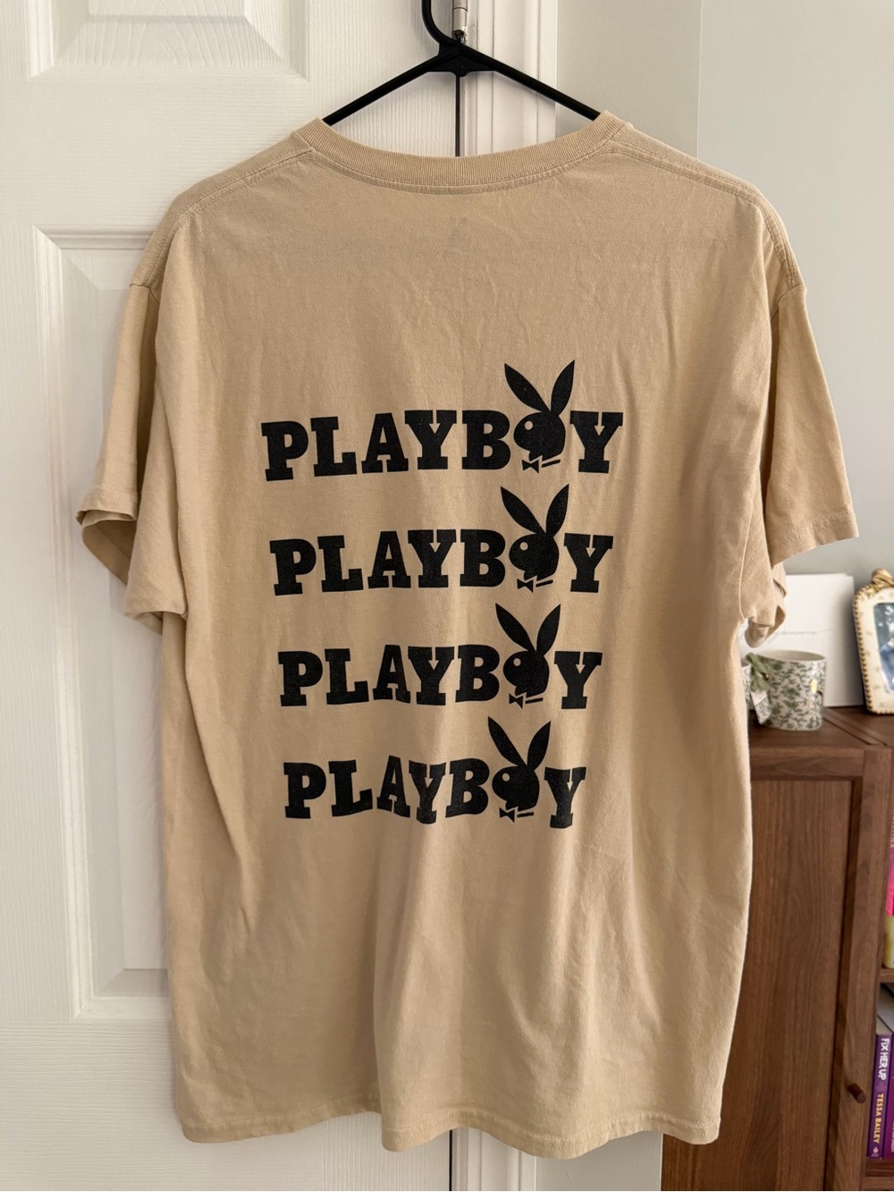 PLAYBOY Beige Short-Sleeve Tee with Black Logo Rows